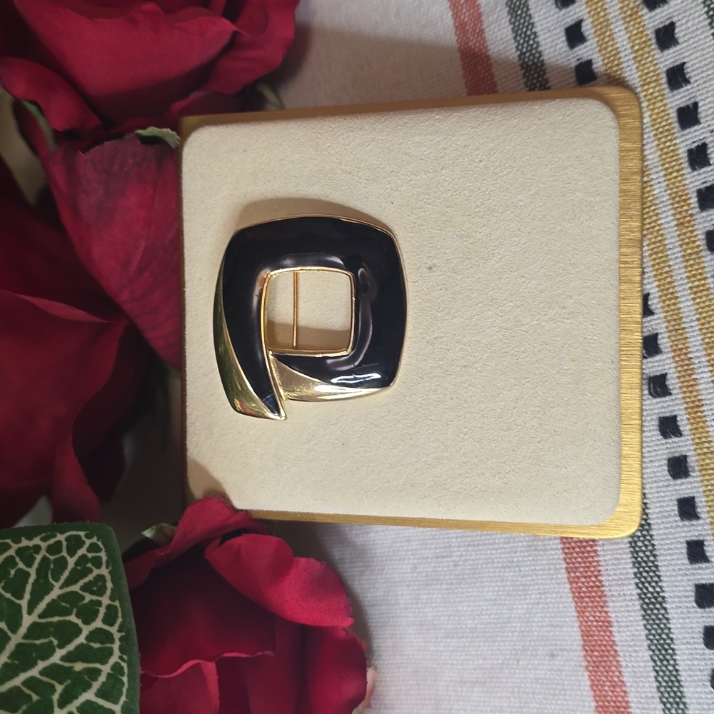 VTG Monet Signed Gold-tone Geometric Open Square Brooch with Black Enamel